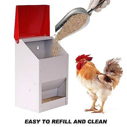 Automatic Metal Chicken Feeder Galvanized Poultry Feeder with Lid Outdoor Wall Mount Chicken Food Dispenser Gravity Fed Chicken Feeder Weatherproof No Waste Quail Duck Feeder (10LBS)
