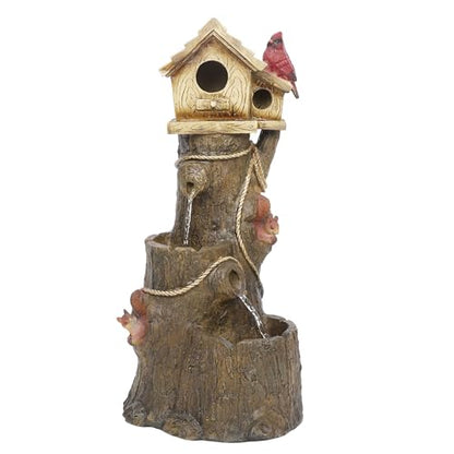 Alpine Corporation ZEN552 Outdoor Multitiered Birdhouse with Cardinal and Squirrels Water Floor Fountain for Patios, Gardens, and Yard Decor, 24" H, Brown - style: Tree and Cardinal Birdhouse