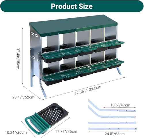 10 - Compartment Roll Away Chicken Nesting Box, Wall - Mount Laying Egg Box with Easy Egg Collection & Cleanable Pull - Out Trays, Hen Roosting Boxes for Efficient Egg Laying（Green）