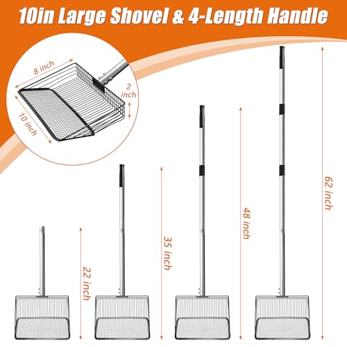 10 Inch Large Metal Chicken Poop Scooper with Adjustable 24–68 Inch Stainless Steel Handle, Heavy Duty Litter Sifting Shovel for Chicken Coop, Cat Litter, Yard, Farm Cleaning Tool