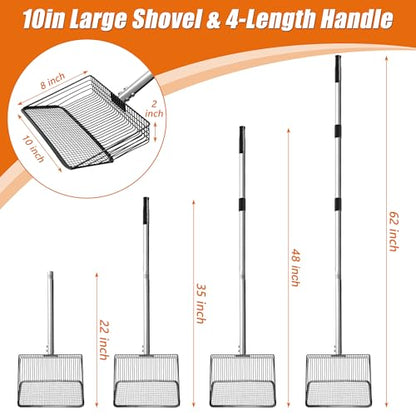 10 Inch Large Metal Chicken Poop Scooper with Adjustable 24–68 Inch Stainless Steel Handle, Heavy Duty Litter Sifting Shovel for Chicken Coop, Cat Litter, Yard, Farm Cleaning Tool