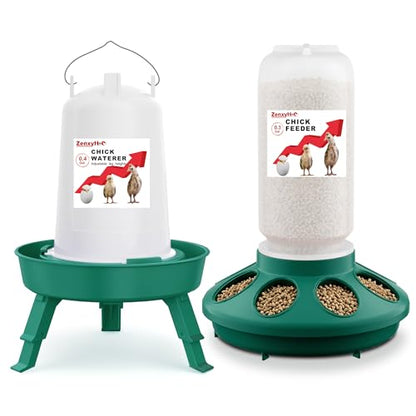 2-in-1 Chick Starter Set: 0.3 Gal Feeder & 0.4 Gal Waterer with Adjustable Legs for Baby Chicks, Hanging Hooks, Anti-Drown Design - BPA-Free Plastic (Green) - color: Green