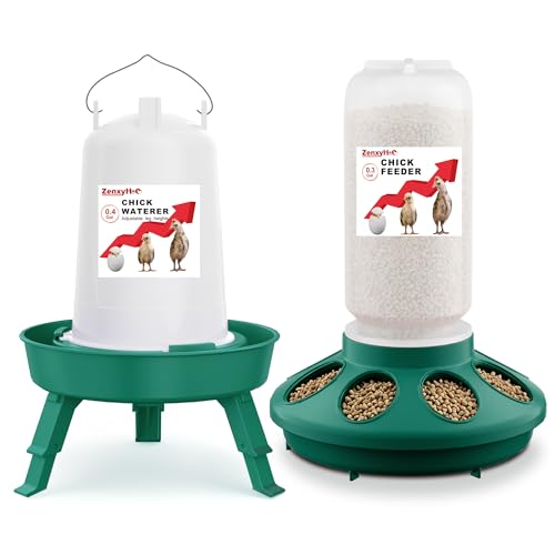 2-in-1 Chick Starter Set: 0.3 Gal Feeder & 0.4 Gal Waterer with Adjustable Legs for Baby Chicks, Hanging Hooks, Anti-Drown Design - BPA-Free Plastic (Green) - color: Green
