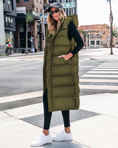 BTFBM Long Puffer Vest Women Quilted Hooded Button Down Zip Up Sleeveless Vests Outerwear Padded Jacket Fall Winter Coat - color: Army Green, size: XX-Large