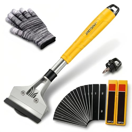 Razor Blade Scraper 4-Inch Floor Scraper Built-in Screwdriver | 21 Blades + Gloves Included, Hollow Handle Extends Reach, Non-slip PVC Grip, Ideal for Glass Stove Floor Paint Removal - color: Yellow Razor Blade Scraper