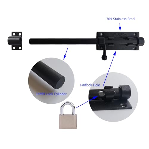 10 Inch Barrel Bolt Latch, 304 Stainless Steel Heavy Duty Gate Latch Slide Lock with Padlock Hole, 14mm Dia.Rod Security Sliding Bolt Gate Latch for Wooden Fence, Door Latch - Black - size: 10 Inch - Black