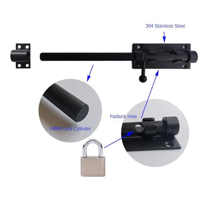 10 Inch Barrel Bolt Latch, 304 Stainless Steel Heavy Duty Gate Latch Slide Lock with Padlock Hole, 14mm Dia.Rod Security Sliding Bolt Gate Latch for Wooden Fence, Door Latch - Black - size: 10 Inch - Black