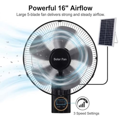 16" Solar Barn Fan for Chicken Coop and Greenhouse, Patio Fan Wall Solar Fan with Remote, 16ft Extension Cable AC/Solar Dual Power, 90° Oscillating Fans Waterproof Garage Cooling System