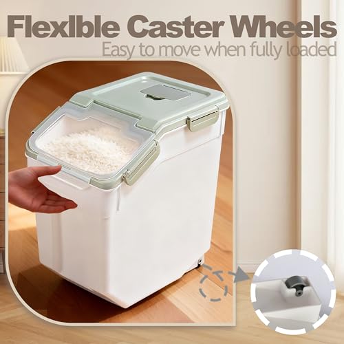 RUIAN 2Pcs Large Flour Storage Container Bin 50Lb Airtight Rice Storage Containers with Wheels Seal Locking Lid, BPA Free with Measuring Cup&Scoop for Flour, Rice, Grain 100LBS Total (Green) - color: Green2Pack 50Lb