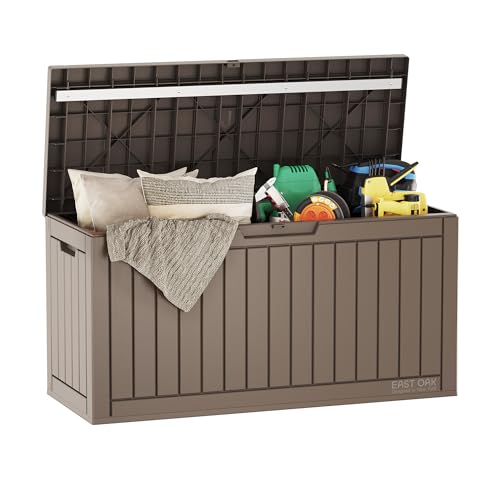 EAST OAK Outdoor Storage Box, 60 Gallon Deck Box Indoor and Outdoor Use, Waterproof Resin Storage Bin for Patio Cushions, Gardening Tools, Lockable, UV Resistant, Brown - color: Brown, size: 60 Gallon
