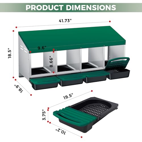 4 Hole Roll Away Chicken Nesting Box - Chickens Laying Box with Removable Tray, Easy Egg Collection & Cleaning, Metal Nesting Boxes for Backyard, Farm, Poultry Coop