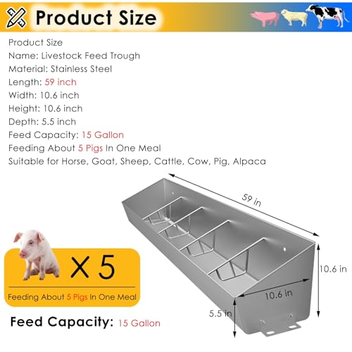 Poultry Trough Feeder for Cattle/Goat/Pig 4 to 6 7-Compartment Livestock Feeding Trough Heavy Duty Stainless Steel Sheep Pens/Swine Farms/Horse Stables Feed Slots - size: 4.9 ft Long/5 Bits