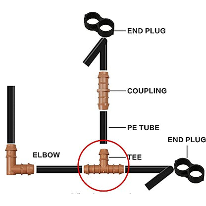 21-Pack Drip Irrigation Universal Barbed Tee Fitting, Barbed Connectors for 1/2" Drip Tubing - size: 21P-Tee