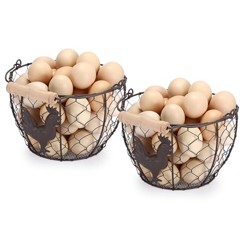 2 PCS OGANAZI Farmhouse Egg 8'' Basket for Gathering Fresh Eggs, Rustic Metal Wire Chicken Eggs Holder Basket for Countertop Kitchen, Wire Egg Basket Vintage Style, Round, Rooster Pattern - size: 2 PACK