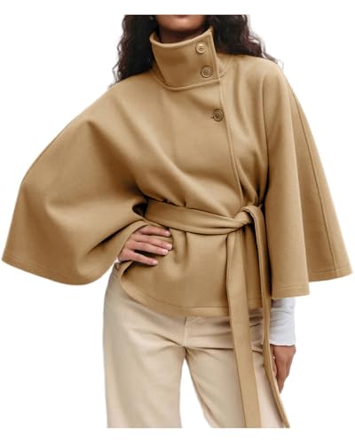 CHARTOU Women Batwing Sleeve Ponchos Pea Coat Wool Stand Collar Belt Capes Jacket Winter Cropped Overcoat - color: Khaki, size: Large