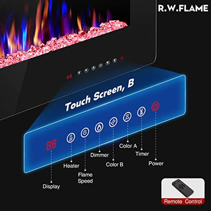 R.W.FLAME 36 inch Recessed and Wall Mounted Electric Fireplace, Ultra Thin ad Low Noise, Fit for 2 x 4 and 2 x 6 Stud, Remote Control with Timer,Touch Screen,Adjustable Flame Color and Speed - size: 36"