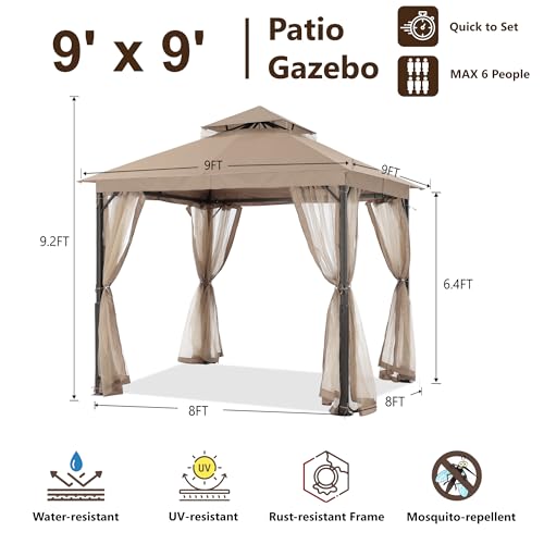 MASTERCANOPY Outdoor Patio Gazebo with Double Roofs, Stable Steel Frame and Mosquito Netting (9x9,Khaki) - color: Khaki, size: 9x9
