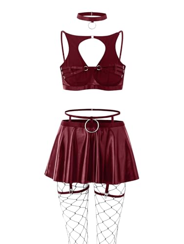 Lilosy Sexy Stocking Chocker Strappy Underwire O Ring Push Up Garter Belt Women Skirt 5 Piece - color: Wine Red, size: Small