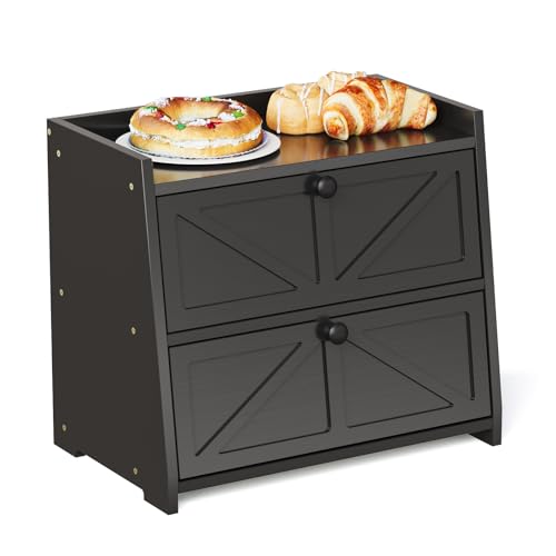 Trironsun Vintage Double Layer Bread Box for Kitchen Counter Bamboo Bread Storage Container Large Capacity Bread Storage Bin (Black) - color: Black