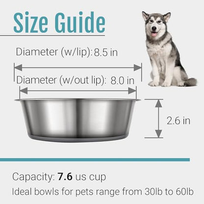 PEGGY11 Nonslip Stainless Steel Dog Bowls, 7.6 US Cup, 2 Count | No slide silicone bottom, Dishwasher safe, Easy to clean, Stackable design - size: 7.6 Cup
