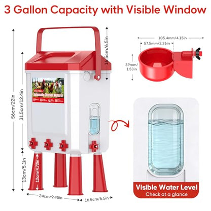 3 Gallons Automatic Chicken Waterer with 8 Chicken Water Cups, 8 Nipples, 6 Plugs, Float-Controlled Chicken Water Feeder with 60 Inch 3/4'' Water Hose, Poultry Waterer Perfect for Chicks, Duck, Goose
