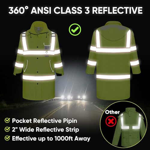 TICONN Reflective Rain Coat, Waterproof Hi Vis Safety Rain Jacket, Heavy Duty ANSI Class 3 High Visibility Trench Coat - size: Large