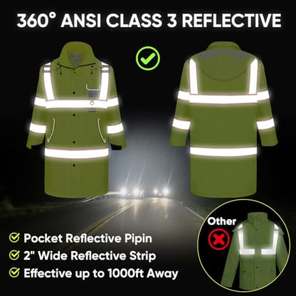 TICONN Reflective Rain Coat, Waterproof Hi Vis Safety Rain Jacket, Heavy Duty ANSI Class 3 High Visibility Trench Coat - size: XX-Large