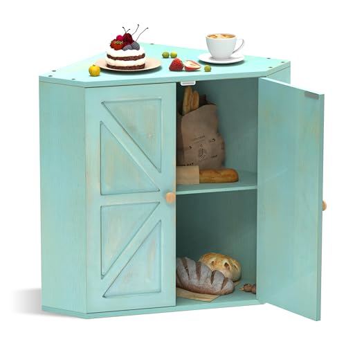 Trironsun Corner Bread Box for Kitchen Counter Double Layer Bamboo Bread Storage Container Large Capacity Bread Storage Bin Farmhouse Breadbox Organizer (Antique Blue) - color: Antique Blue