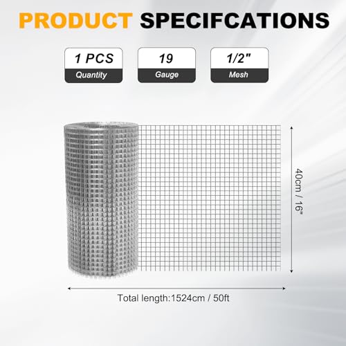 DTGN 16" x 50ft 19GA Hardware Cloth, 1/2" Galvanized Steel Wire Mesh, Chicken Wire Fence, Poultry Animal Netting for Garden Plant Welded, Rabbit Cage, Snake Rat Protection, Gutter Guard - size: 16" x 50ft