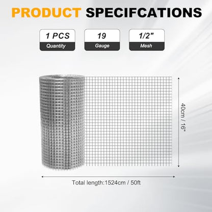 DTGN 16" x 50ft 19GA Hardware Cloth, 1/2" Galvanized Steel Wire Mesh, Chicken Wire Fence, Poultry Animal Netting for Garden Plant Welded, Rabbit Cage, Snake Rat Protection, Gutter Guard - size: 16" x 50ft