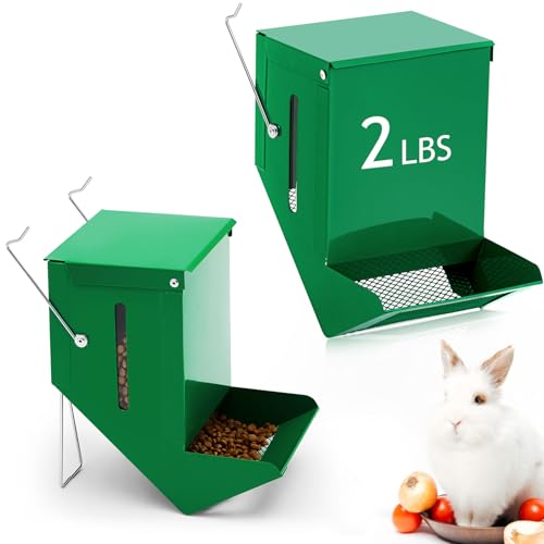 Maxcheck 2 Pcs Rabbit Feeder for Cages Viewing Window Small Animal Food Dispenser with Lid Metal Guinea Pigs Feeders Indoor Outdoor