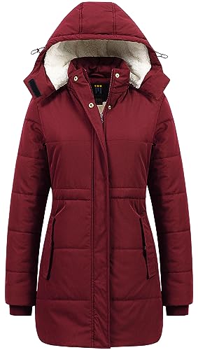 CREATMO US Women's Thicken Sherpa Winter Coat Puffy Warm Snow Jacket With Removable Hood - color: Burgundy, size: Medium
