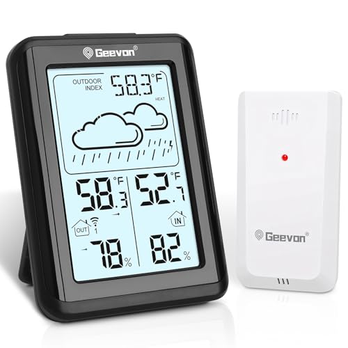 Geevon Indoor Outdoor Thermometer Wireless 200ft/60m, Digital Temperature Humidity Monitor with Large Display, Hygrometer with Weather, 3 Channel, Mold/Dew/Heat, 10s Backlight - color: Black, size: 246297 Small
