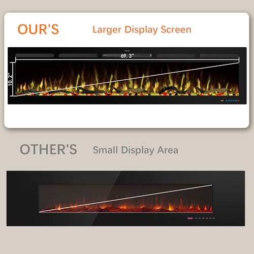 74" WiFi Electric Fireplace Inserts, Recessed and Wall Mounted Fireplace Heater W/Adjustable Flame Color & Brightness, Thermostat, 9H Timer, App and Remote Control, Low Noise, 750/1500W - size: 74" WiFi