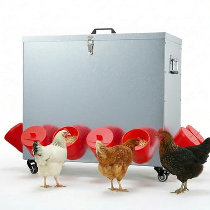 Magicfly 85 lbs Chicken Feeder No Waste, Large Metal Automatic Chicken Feeder Box, 12 Bell-Mouth Feeding Port, with Handle, Grit & Oyster Shell Trough, Chick Feeder on Wheels for Chickens, Ducks - size: 85 lb