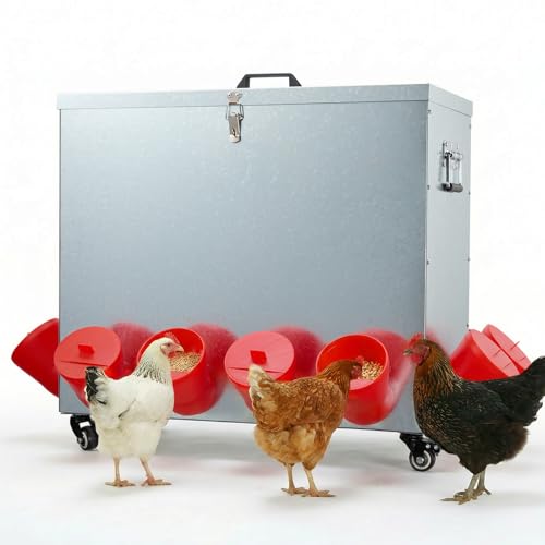 Magicfly 85 lbs Chicken Feeder No Waste, Large Metal Automatic Chicken Feeder Box, 12 Bell-Mouth Feeding Port, with Handle, Grit & Oyster Shell Trough, Chick Feeder on Wheels for Chickens, Ducks - size: 85 lb