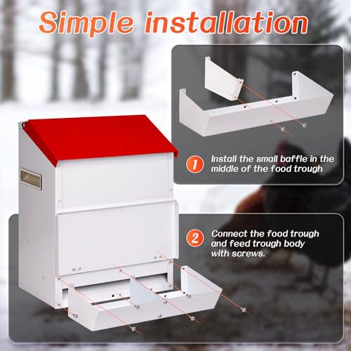 Automatic Chicken Feeder No Waste, Wall Mount| Weatherproof| Mess Free | Galvanized Hanging Poultry Feeder with Lid| Metal Chicken Feeder Trough Food Dispenser for Duck Geese|Hens| Turkeys Coop