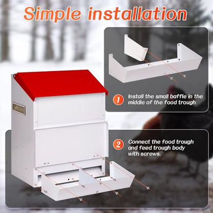 Automatic Chicken Feeder No Waste, Wall Mount| Weatherproof| Mess Free | Galvanized Hanging Poultry Feeder with Lid| Metal Chicken Feeder Trough Food Dispenser for Duck Geese|Hens| Turkeys Coop