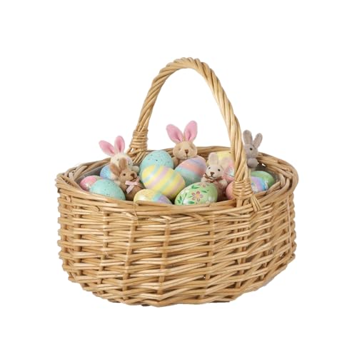 Wicker Easter Basket with Handle, Wicker Picnic Basket Flower Girl Basket Small Woven Gift Basket for Kids Egg Hunt, Candy, Eggs and Bunny Charm, Spring Party Decor Wedding (7.86 x 6.68 x 3.94 Inch)