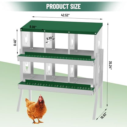 Chicken Nesting Box,6 Holes Galvanized Steel Metal Chicken Laying Box with Automatic Roll-Away Egg Collection System & Removable Tray,Wall Mount Nesting Boxes - color: Green, size: 6 Holes with Legs