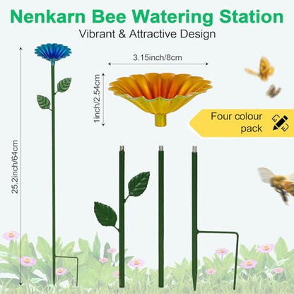 4 Pack Metal Bee Watering Station for Garden, Flower-Shaped Bee Cups, Durable Bird Bath & Butterfly Feeders for Outdoors Yard Decor (Red, Green, Blue, Yellow)