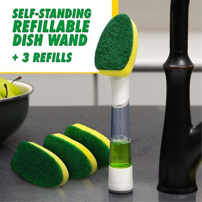 Libman Dishmatic I-Stand Dish Wand Kit, Kitchen Cleaning Scrub Brush with Handle and Soap Dispenser for Scrubbing and Washing Dishes, Refillable Standing Dispensing Scrubber Brushes, 3 Sponge Refills - style: Dish Wand Kit