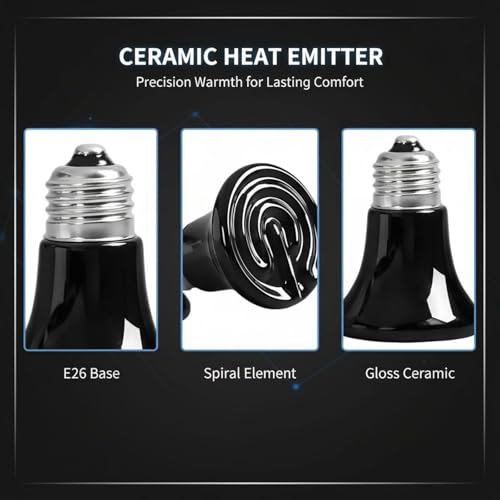 2 Pcs Mini Ceramic Heat Emitter, 75W E26 Socket, Anti-Scald Safe Heating Bulb, Infrared Reptile Heat Lamp, No Light for Pet, Chicken, Lizard, Turtle Brooder Coop Heater