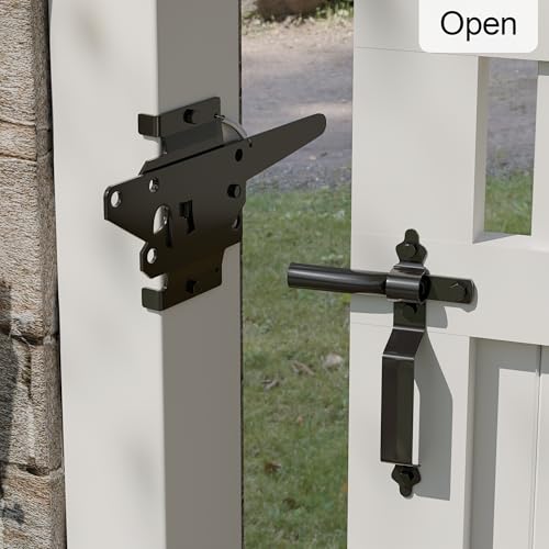 Gate Latch for Wooden Fence, Heavy Duty Self Locking Gate Latch with 9" Handle for Pool/Garden Gate Safety Latch, Gate Hardware Kit for Vinyl/Wood Fence, Black Finish (1, Black)