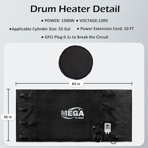 Industrial Grade/Weather Resistant Drum Heating Blanket,55 Gallon Drum Heater Fixed Thermostat 0-150℉,Insulated Pail Band Heater with 10ft Power Cable