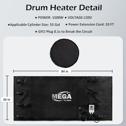 Industrial Grade/Weather Resistant Drum Heating Blanket,55 Gallon Drum Heater Fixed Thermostat 0-150℉,Insulated Pail Band Heater with 10ft Power Cable