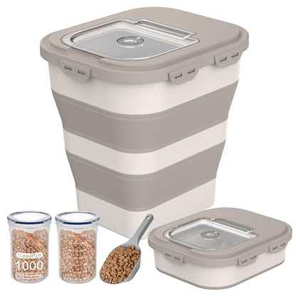 35-40 Lbs Airtight Dog Food Storage Container, Collapsible Dog Food Container with Lid, Wheels, Date Track, Large Pet food storage Container for Rice,Flour,Sugar,Dog Food Scoop,2PCS Containers - color: Khaki/40 lbs