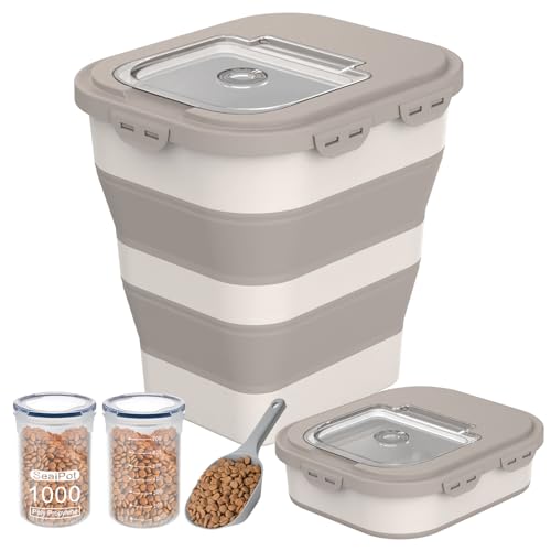 35-40 Lbs Airtight Dog Food Storage Container, Collapsible Dog Food Container with Lid, Wheels, Date Track, Large Pet food storage Container for Rice,Flour,Sugar,Dog Food Scoop,2PCS Containers - color: Khaki/40 lbs