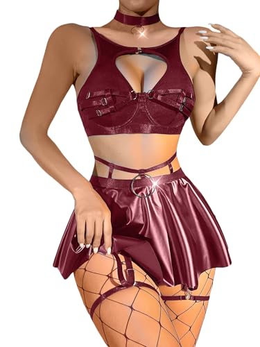 Lilosy Sexy Stocking Chocker Strappy Underwire O Ring Push Up Garter Belt Women Skirt 5 Piece - color: Wine Red, size: X-Large