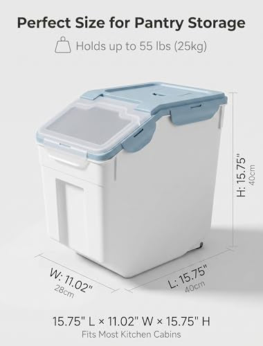 Roadoor Airtight Food Storage Container, 55 lb Flour Storage Bin with Silicone Seal Locking Lid and Wheels, Large Rice Storage Container with Measuring Cup, Pantry Dry Food Pet Food Storage (Blue)